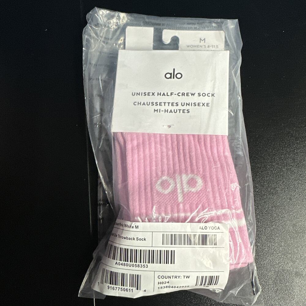 Alo Unisex Half-Crew Throwback Sock~ Pink/White Women’s 8-11.5 New & Authentic